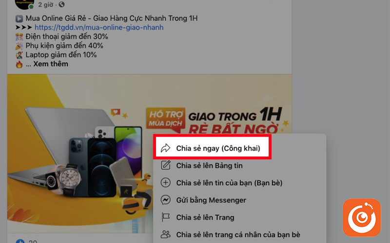 chia sẻ bài đăng trên Facebook